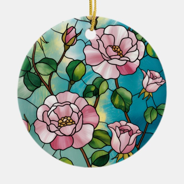 Floral Stained Glass Effect Pink Flowers Botanical Ceramic Ornament (Front)