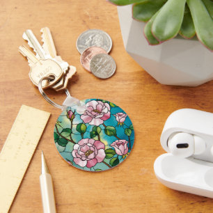 Floral Stained Glass Effect Pink Flowers Botanical Keychain