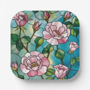 Floral Stained Glass Effect Pink Flowers Botanical Paper Plate