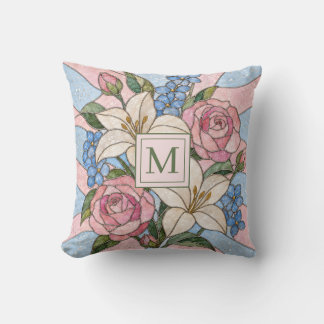 Floral Stained Glass Personalized Monogram Throw Pillow