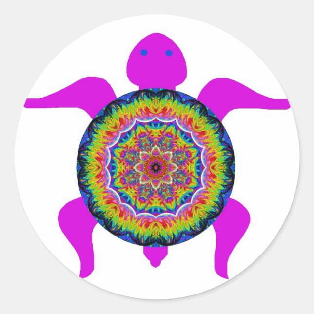 Floral Star-burst Kaleidoscopic Mandala Turtle Classic Round Sticker (Front)