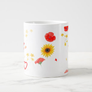 Floral Star & Heart Mug – Bright Sunflower & Red 
