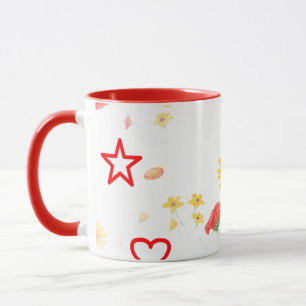Floral Star & Heart Mug – Bright Sunflower & Red 