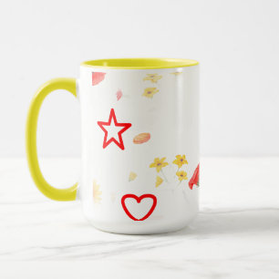 Floral Star & Heart Mug – Bright Sunflower & Red