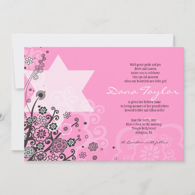 Floral Star Jewish Baby Naming Invitation Hebrew (Front)