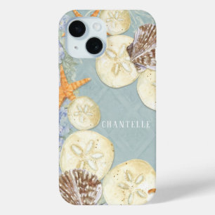Floral Starfish Sea Shells Beach Blue iPhone 15 Case