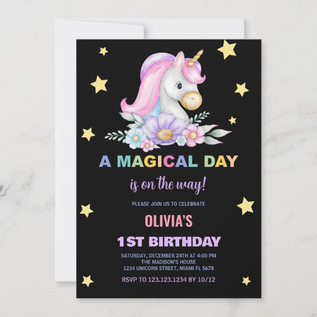 Floral Stars Unicorns Birthday Invitations (Front)