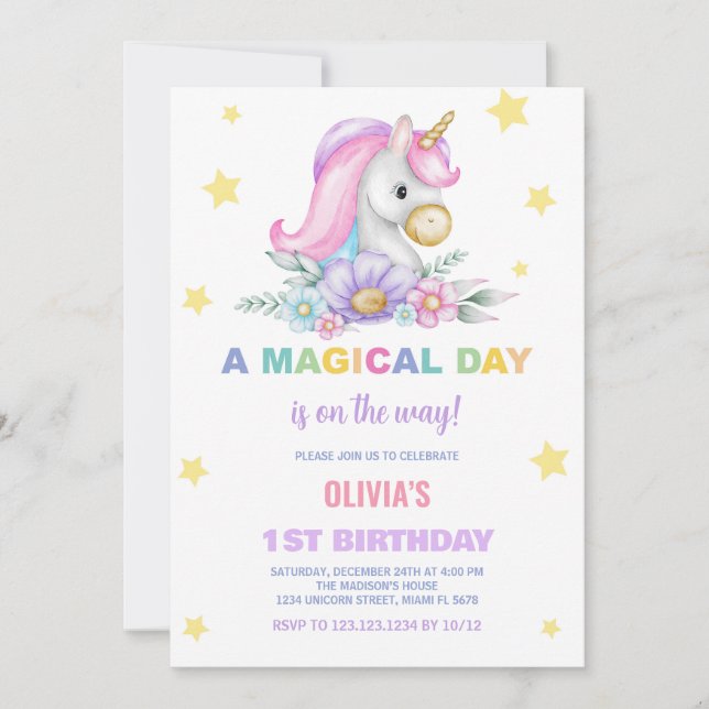 Floral Stars Unicorns Invitations Anniversaire (Devant)