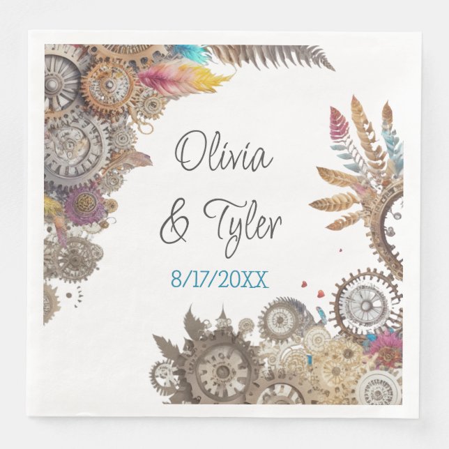 Floral Steampunk Wedding Date and Names Napkin (Front)