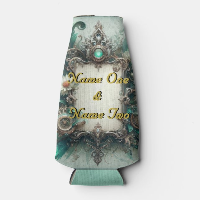 Floral Steampunk Wedding Green and Silver  Bottle Cooler (Front)