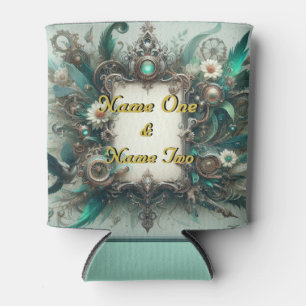 Floral Steampunk Wedding Green and Silver Can Cooler