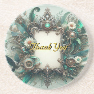 Floral Steampunk Wedding Green and Silver Coaster