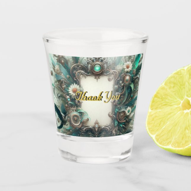 Floral Steampunk Wedding Green and Silver  Shot Glass (Front)