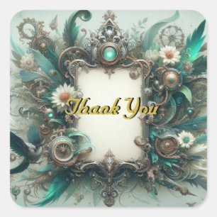 Floral Steampunk Wedding Green and Silver Square Sticker