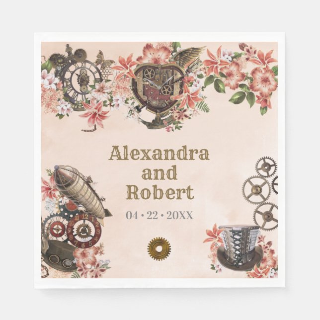 Floral Steampunk Wedding Napkin (Front)