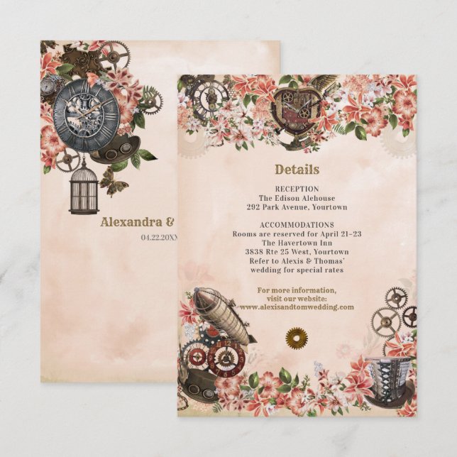 Floral Steampunk Wedding Reception Insert Invitation (Front/Back)
