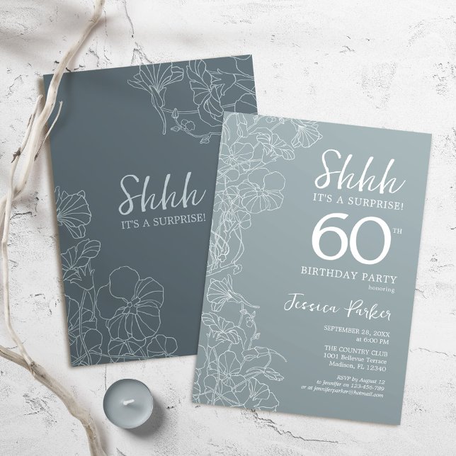 Floral Steel Blue Botanical Surprise 60th Birthday Invitation (Creator Uploaded)