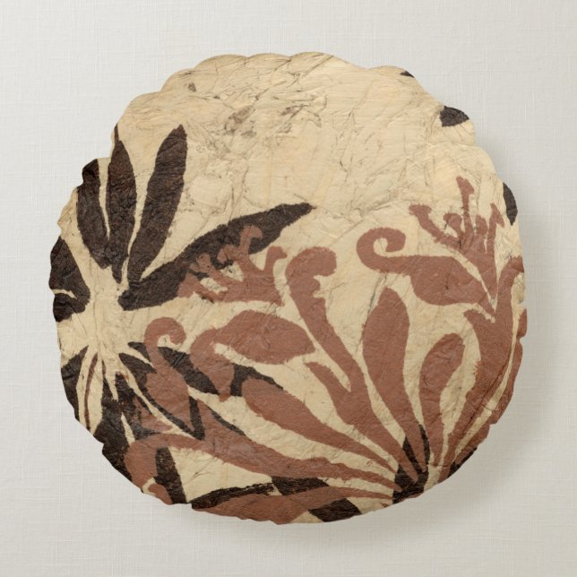 Floral Stencil Design with Tawny Leaves Round Pillow (Front)