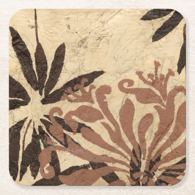 Floral Stencil Design with Tawny Leaves Square Paper Coaster (Front)