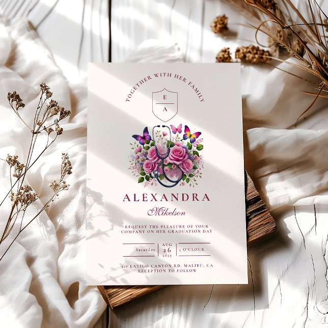 Floral Stethoscope Butterfly Nurse Graduation Invitation (Creator Uploaded)