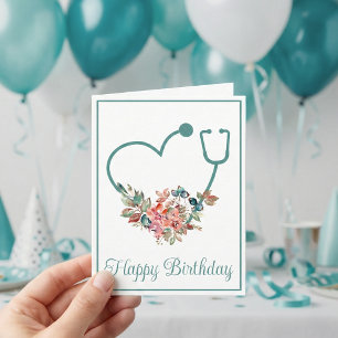 Floral Stethoscope Heart Nurse Doctor Birthday Card