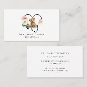 Floral Stethoscope Teddy Bear Pediatrician Business Card