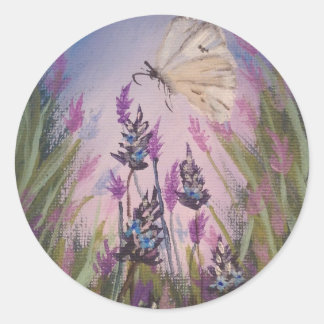 floral stickers, lavender and white butterfly classic round sticker
