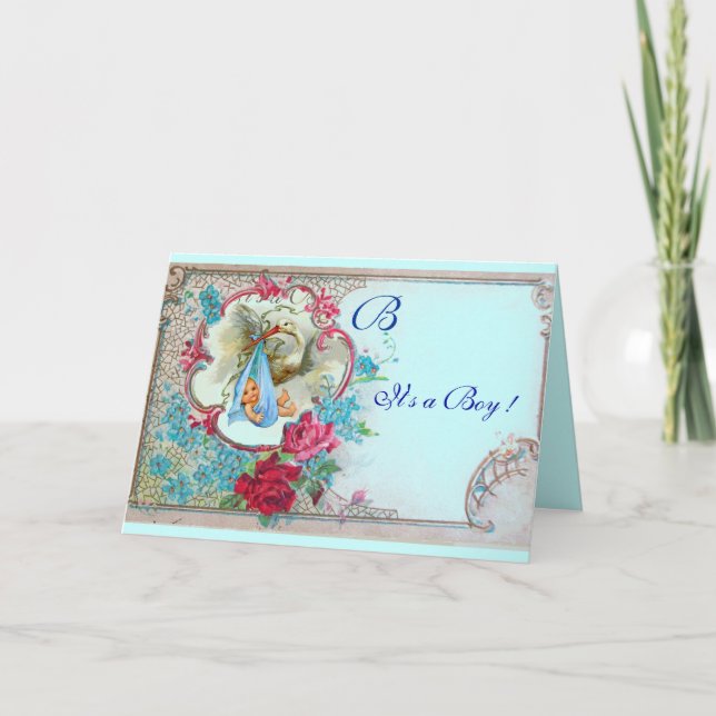 FLORAL STORK BOY BABY SHOWER ROSES BLUE FLOWERS ANNOUNCEMENT (Front)
