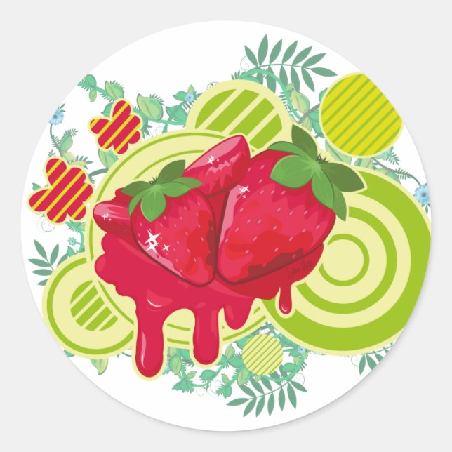 Floral Strawberries Classic Round Sticker (Front)