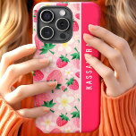 Floral Strawberries Custom Personalized Name iPhone 15 Case<br><div class="desc">Indulge in the sweet charm of this delightful design featuring a pattern of strawberries and white flowers on a pink background. The vibrant colours and botanical elements create a cheerful and stylish look. The custom name element adds a personal touch, making this design both unique and functional. Perfect for those...</div>
