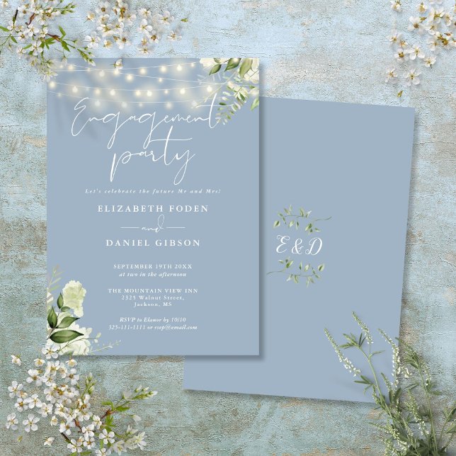 Floral String Lights Dusty Blue Engagement Party Invitation (Floral String Lights Dusty Blue Engagement Party Invitation)