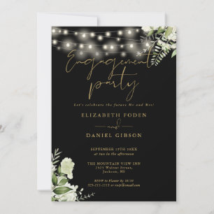 Floral String Lights Gold Black Engagement Party Invitation
