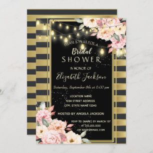 Floral String Lights,Gold Striped  Bridal Shower Invitation