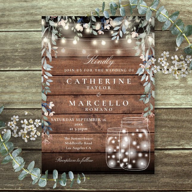Floral String Lights Mason Jar Rustic Wood Wedding Invitation (Floral String Lights Mason Jar Rustic Wood Wedding Invitation)