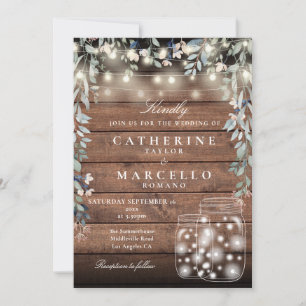 Floral String Lights Mason Jar Rustic Wood Wedding Invitation