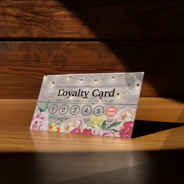 Floral String Lights Rustic Wood Salon Loyalty Card (Creator Uploaded)