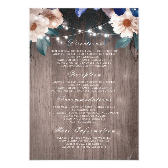 Floral String Lights Rustic Wood Wedding Details Card