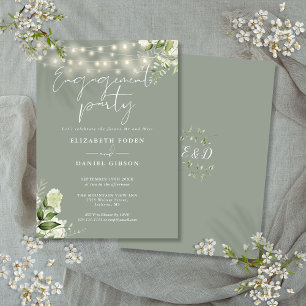 Floral String Lights Sage Green Engagement Party Invitation