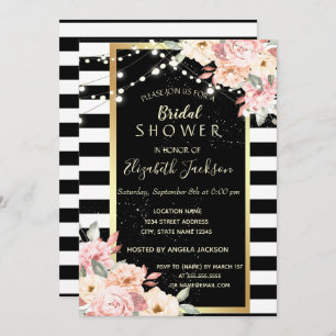Floral String Lights, Striped  Bridal Shower Invitation