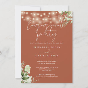 Floral String Lights Terracotta Engagement Party Invitation
