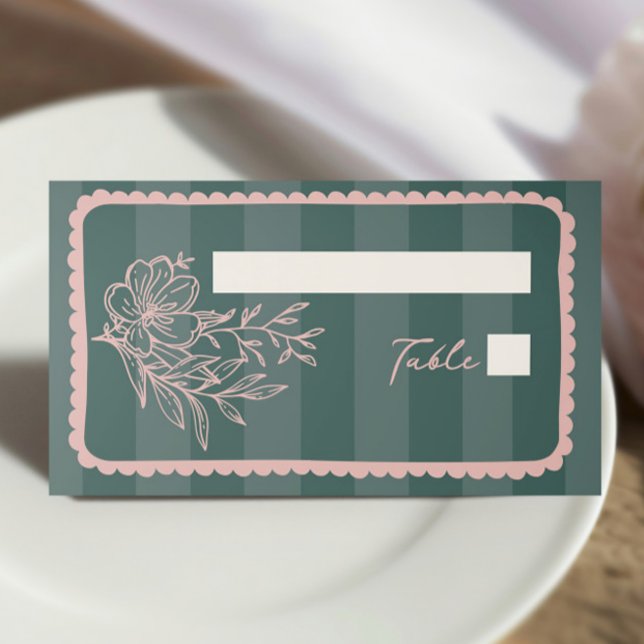 Floral Stripe Hand Drawn Frame Green Wedding Place Card (Creator Uploaded)