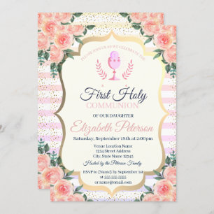 Floral Stripes Confetti First Holy Communion Invitation