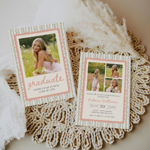 Floral Stripes Vintage Retro Graduation Photo Invitation