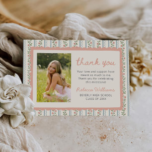Floral Stripes Vintage Retro Graduation Photo Thank You Card