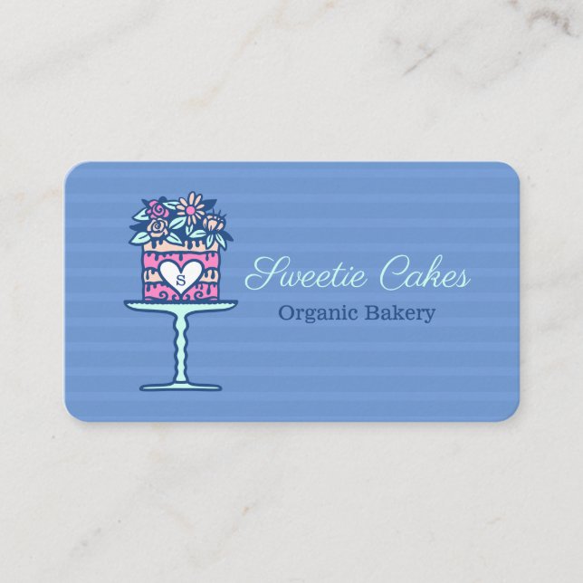 Floral Style Bakery Cake & Stand Logo Blue Business Card (Front)