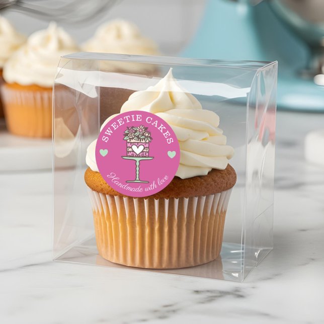 Floral Style Bakery Cake & Stand Logo Pink Classic Round Sticker (Floral Style Bakery Cake & Stand Logo Pink Classic Round Sticker)