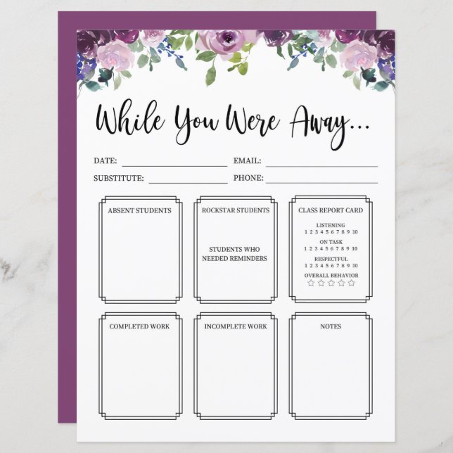 Floral Substitute Teacher While You Were Away Note (Front/Back)