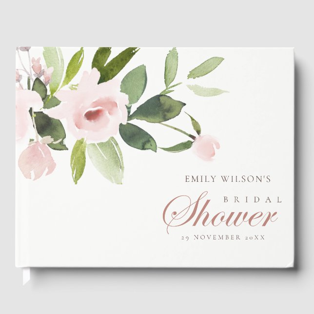 FLORAL SUBTLE SOFT BLUSH PINK ROSE BRIDAL SHOWER GUEST BOOK (Front)