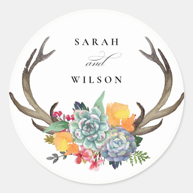 FLORAL SUCCULENT ANTLER BOHEMIAN ALLURE MONOGRAM CLASSIC ROUND STICKER (Front)