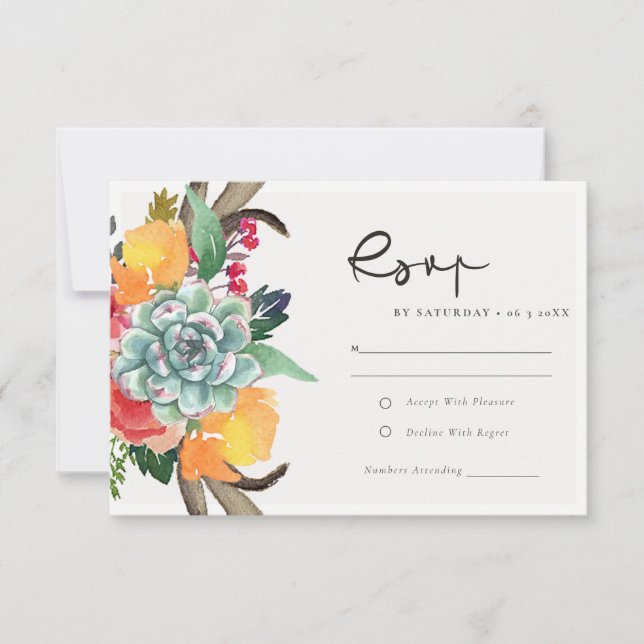 FLORAL SUCCULENT ANTLER BOHEMIAN ALLURE  RSVP CARD (Front)